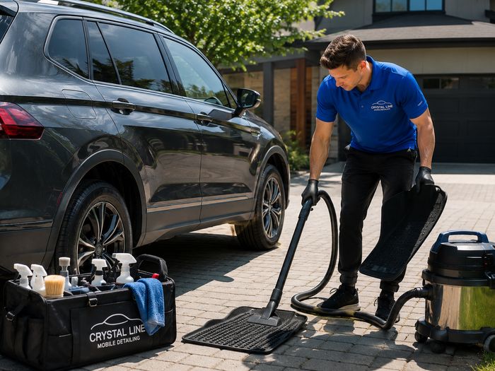 Full mobile detailing equipment set up in a driveway