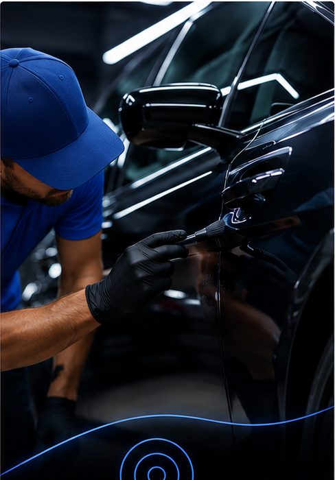 Detailer using a precision brush on a car door edge