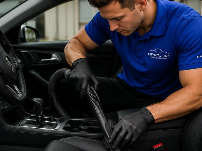Detailer vacuuming the interior console and seat tracks