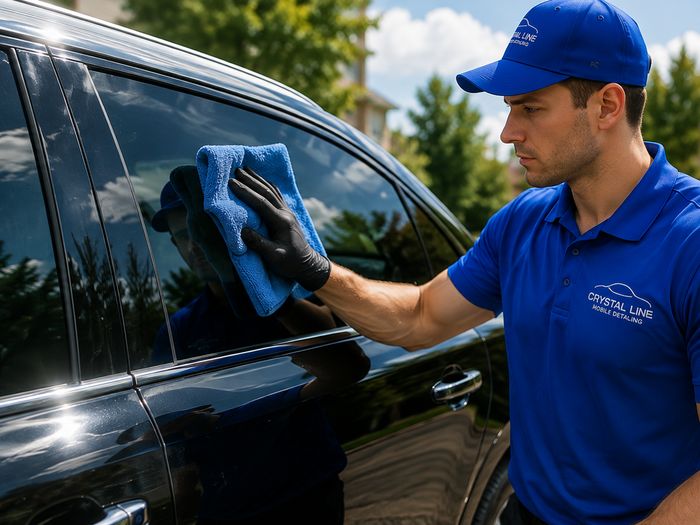 Detailer wiping a car window streak-free